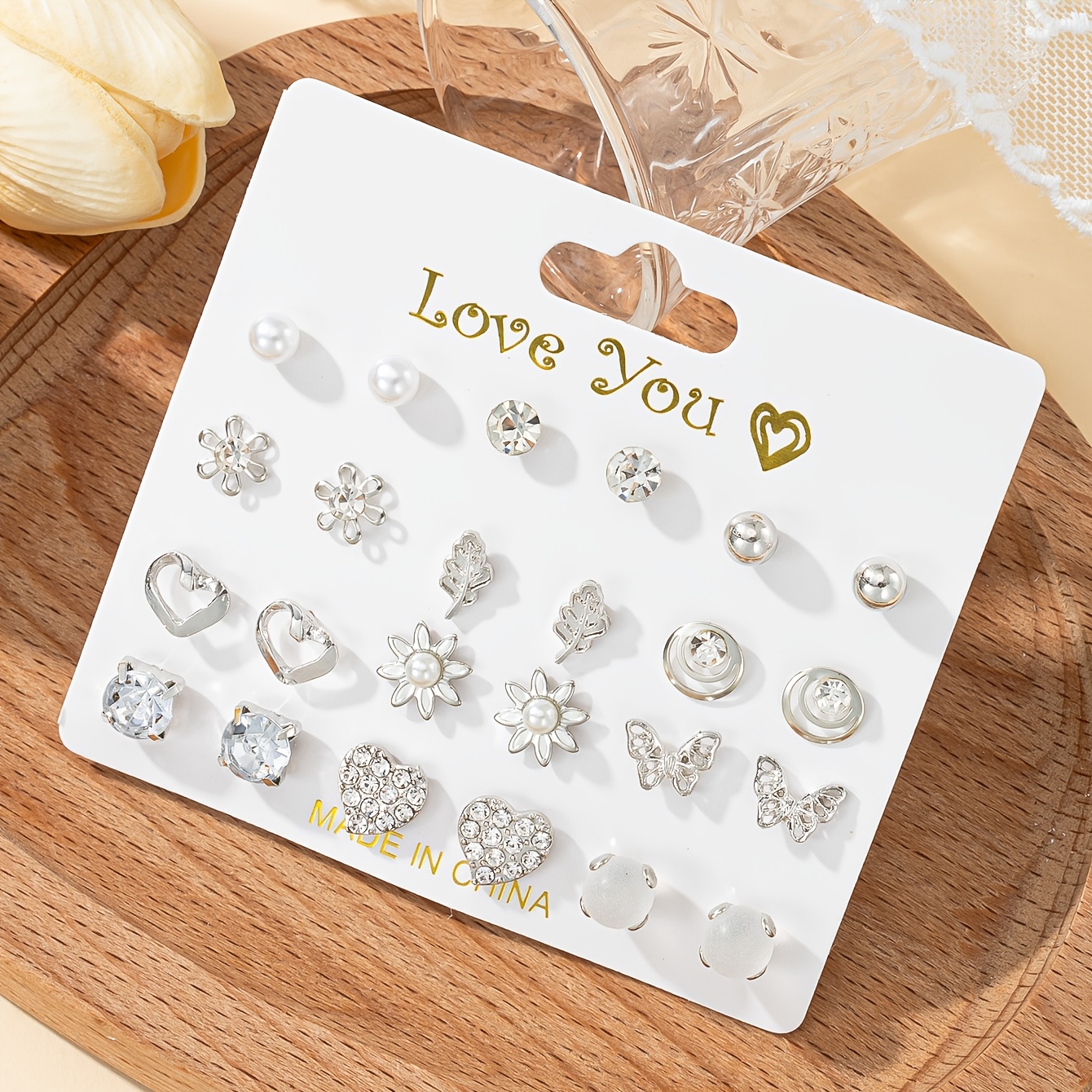 12 Pairs Cute Heart-Shaped Flower Stud Earrings Set, Gift Ready