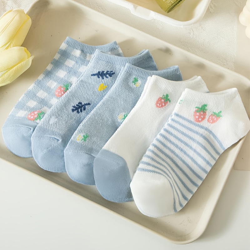 TEMU 5-pack Women's Spring/summer Thin Strawberry Print Ankle Socks, Trendy Versatile Style Solid Color Socks