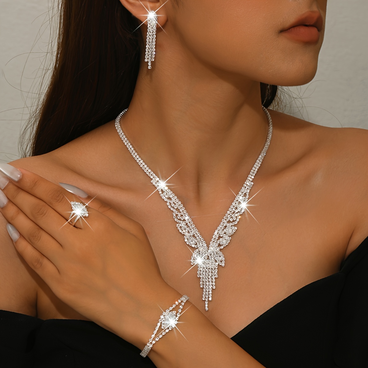 Classic Rhinestone Jewelry Set with V-Shaped Tassel Necklace