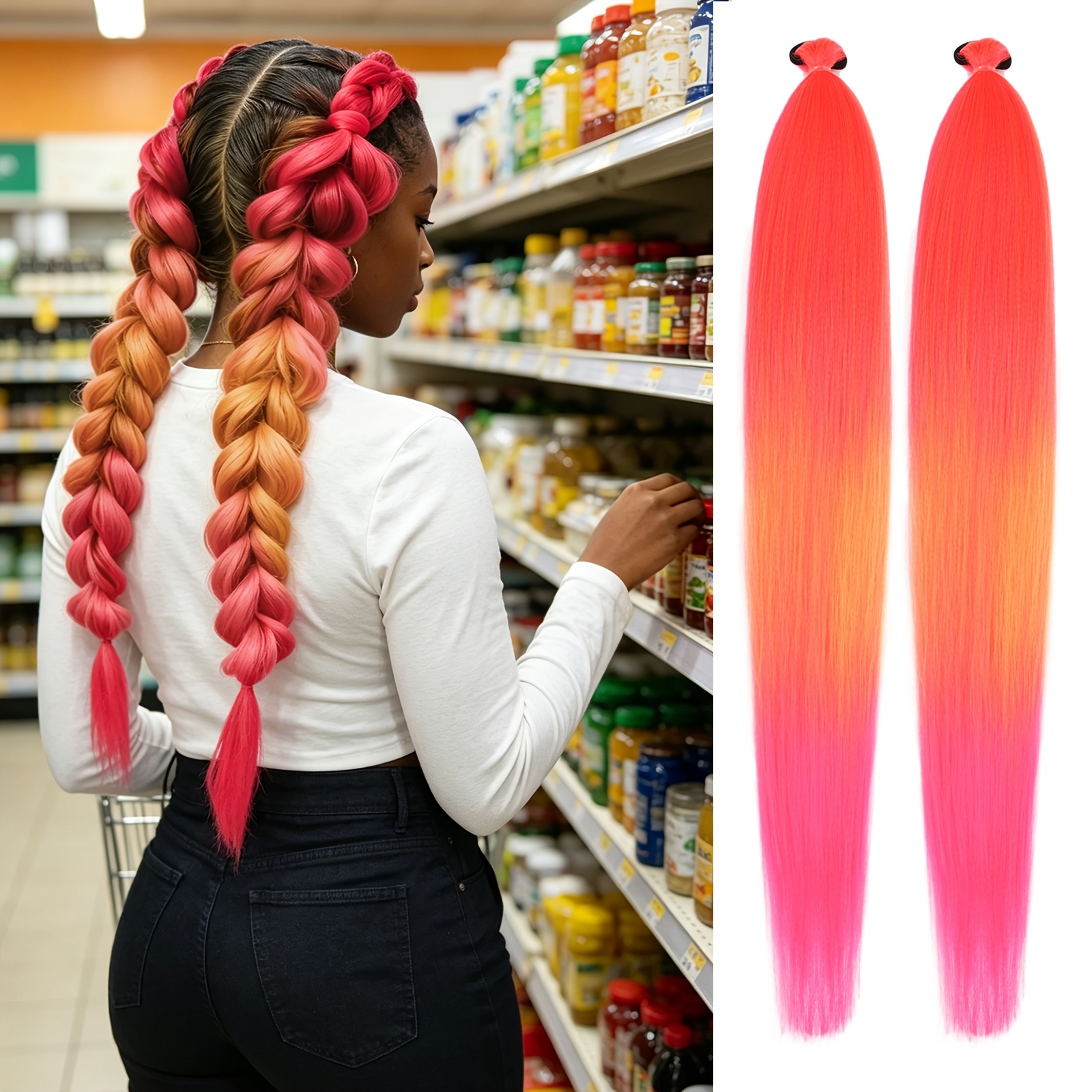 TEMU Y2k 2-pack Women's Colored Braided Ponytail Wigs With Elastic Bands - Straight Synthetic Hair For Easy Styling, Cosplay, Photography - Suitable