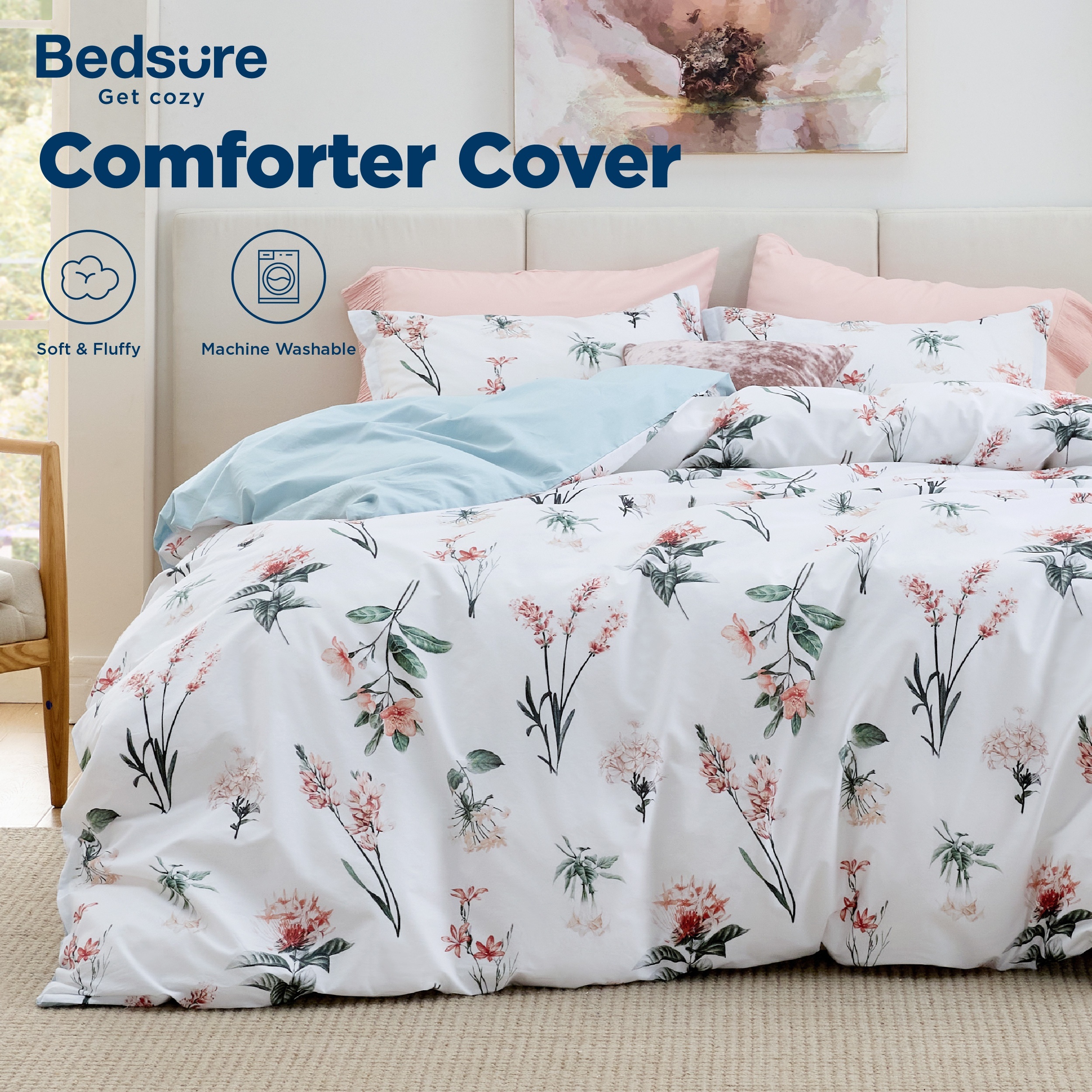 

100% Cotton Reversible Cute Floral Duvet Cover Set With Zipper Closure, Flower White Bedding Comforter Cover