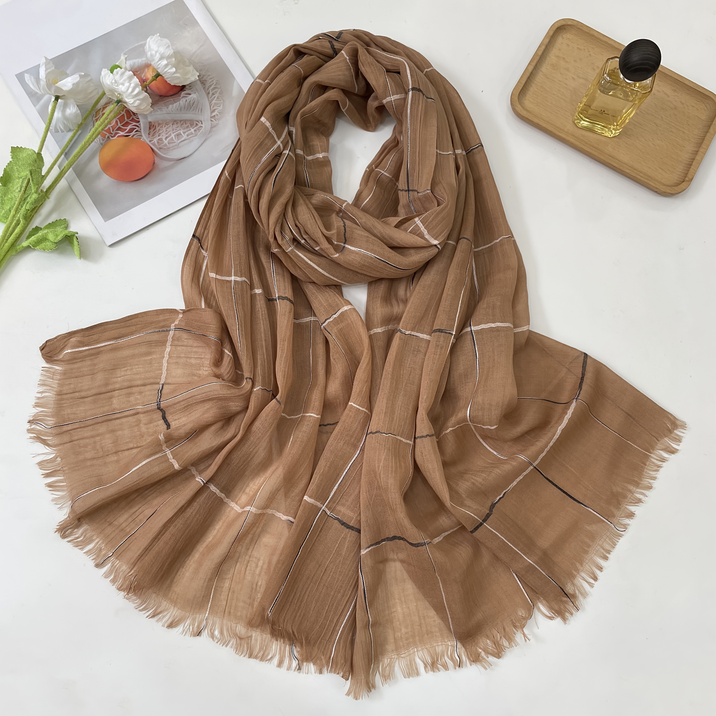 TEMU This Vintage Line Tassel Scarf, Literary Style Versatile Shawl. Fabric Is Soft And Breathable, With Excellent Drape. It Light And Comfortable,