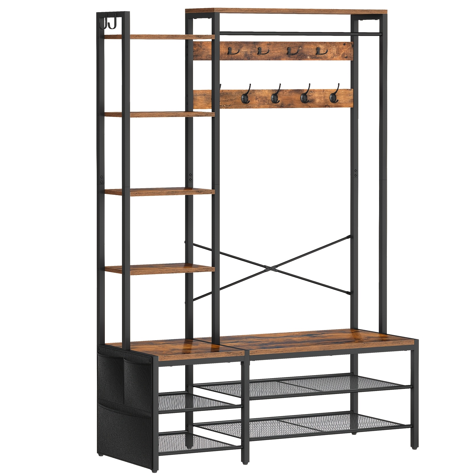 Image of Coat Rack With Shoe Bench And Storage Space, Large Coat Rack, Shoe Rack, 9 Double Hooks, 2 Side Hooks, 5 Shelves And Side Pockets - And Black - Suitable For Entryway, Bedroom And Living Room