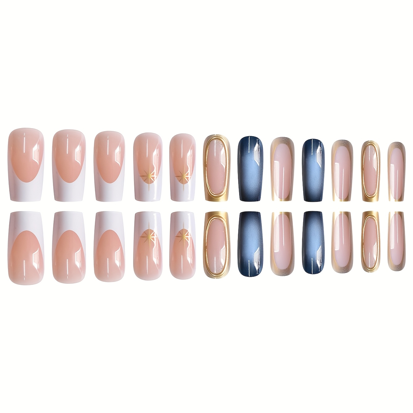 TEMU 1 Set de 24 faux ongles mi-longs de cercueil, bleu tendance, dégradé blanc, étoilé et , rayé or luxueux, convient à toutes les femmes. La boîte