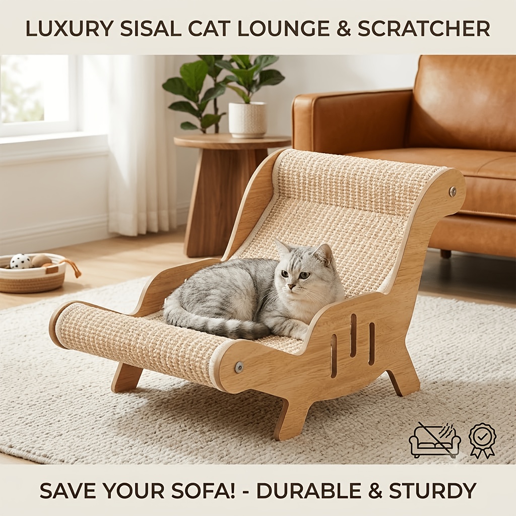 TEMU Premium Sisal Cat Scratcher Lounge Chair With Scratching Pad & Bed - Sturdy Furniture Protector Suitable For Indoor Cats, Multi-functional Pet