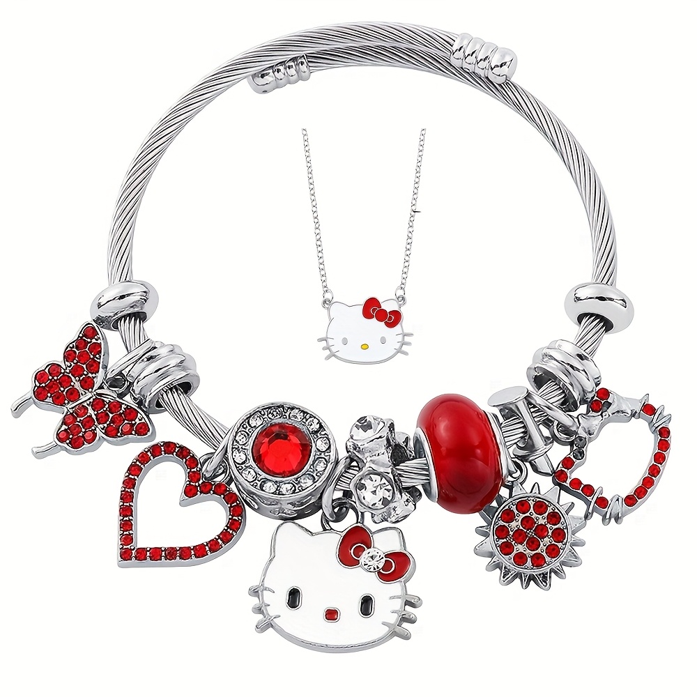 

Hellokitty 2pcs Jewelry Set - Y2k Inspired Open Bracelet & Necklace With Sparkling Pendant, Zinc Alloy - Perfect Gift