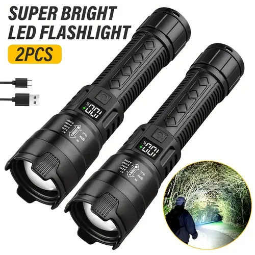 set of 2 rechargeable led torches with adjustable zoom and battery level indicator featuring options suitable for outdoor activities camping work and emergency