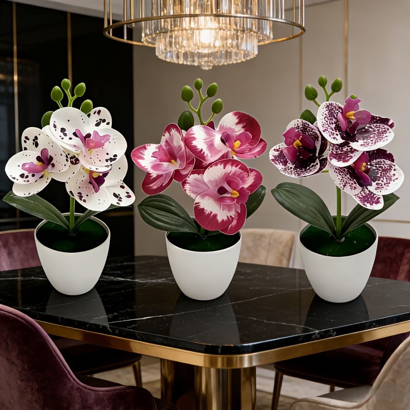 3pcs Artificial Phalaenopsis Orchid Set with White Pots - Realistic Faux Flowers in White-spotted Purple, Spotted Purple, and Rose-red-edged Colors, Lifelike Blooms - No Watering or Maintenance Required, Ideal for Desktop Centerpieces, DIY Birthday