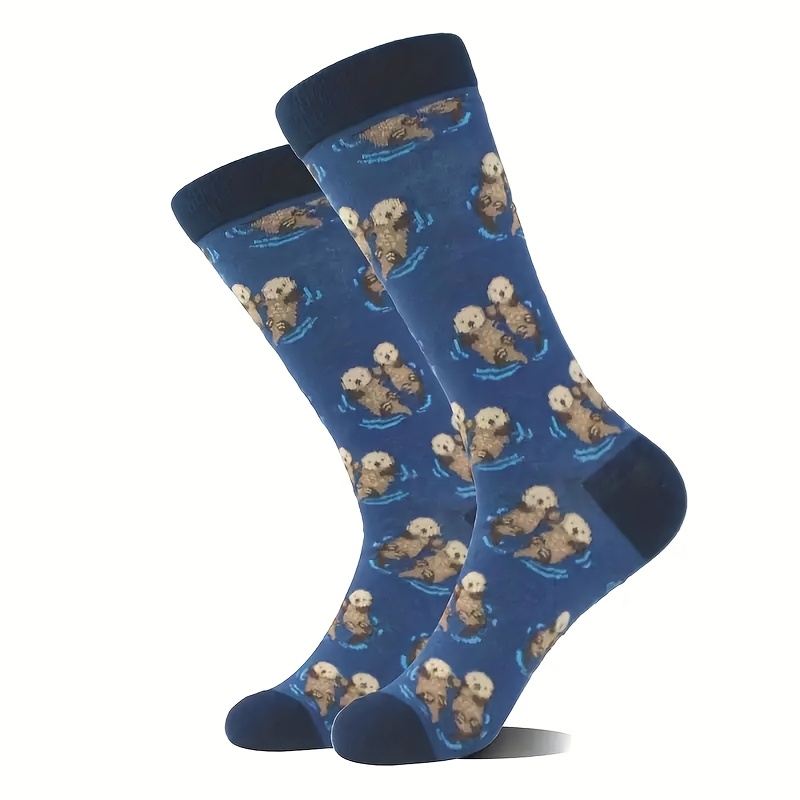 

1 Pair Trendy Otter Print Mid-calf Socks, 100% Polyester Knit Fabric, Fashionable Casual Footwear, Hand Wash/ Only