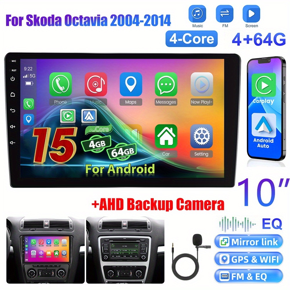 Image of [4+64g] 10 Inch 15 Radio Double Din Car Stereo For Octavia 2004-2014 With Auto, 1080p Touch Screen Radio Wifi/ / Fm/ Swc/ / Backup Camera/ Mic/ 32 Eq, Without Battery