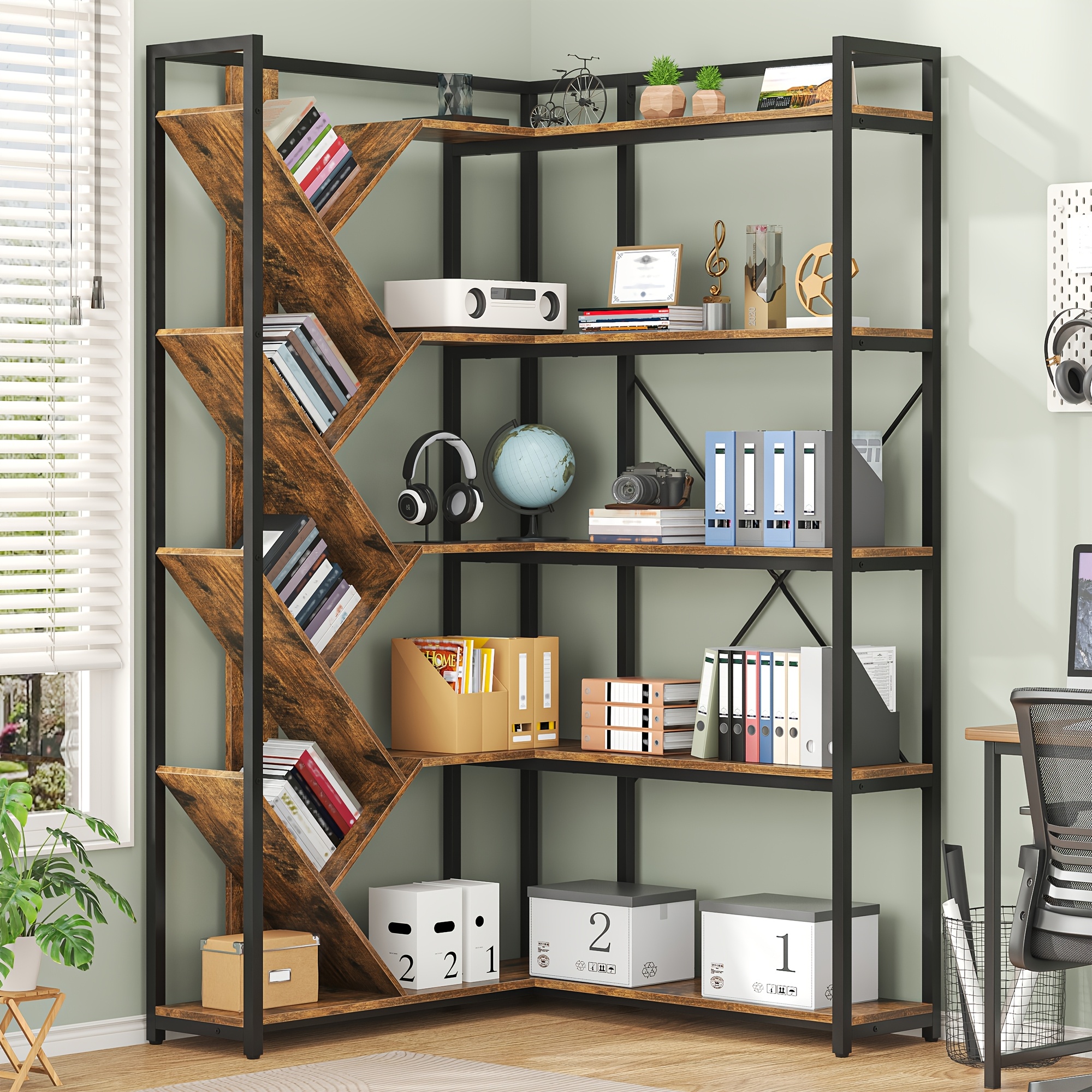 70.9" Tall L-Shaped 5-Tier Corner Bookshelf | Sturdy Office Bookcase