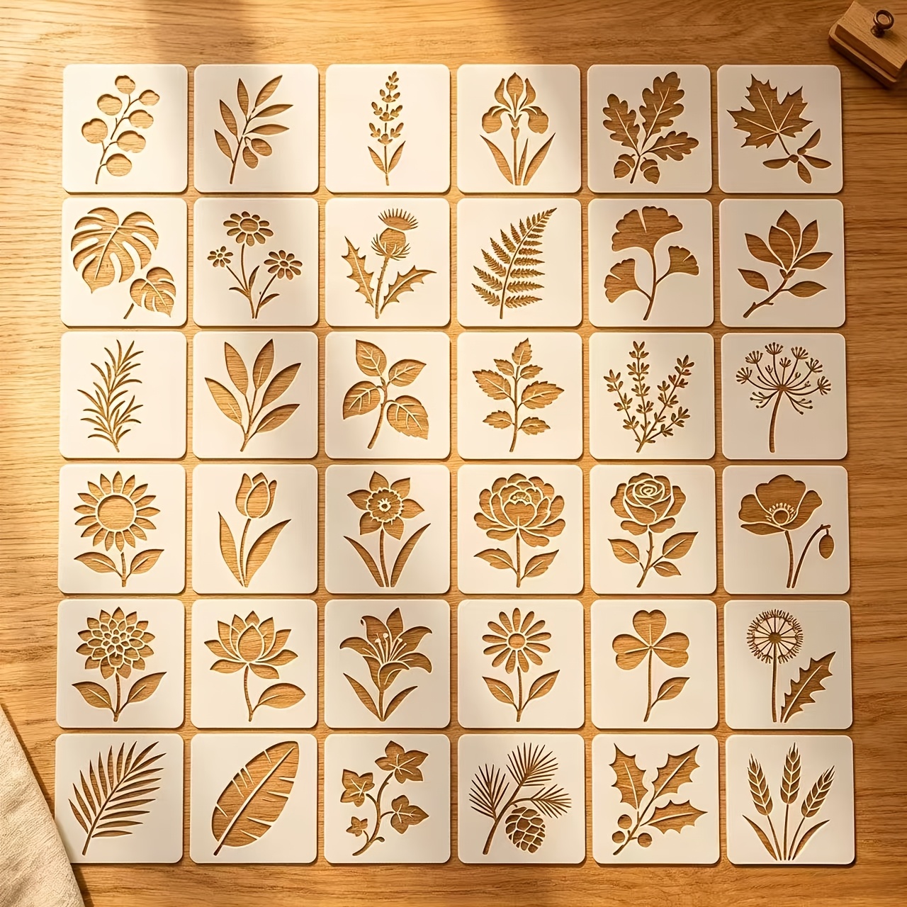 TEMU 36pcs Floral Leaf Templates For Wood Painting, Reusable Mini Plant And Flower Stencils, Including Maple, Ginkgo, Monstera, Fern, Palm Leaves And