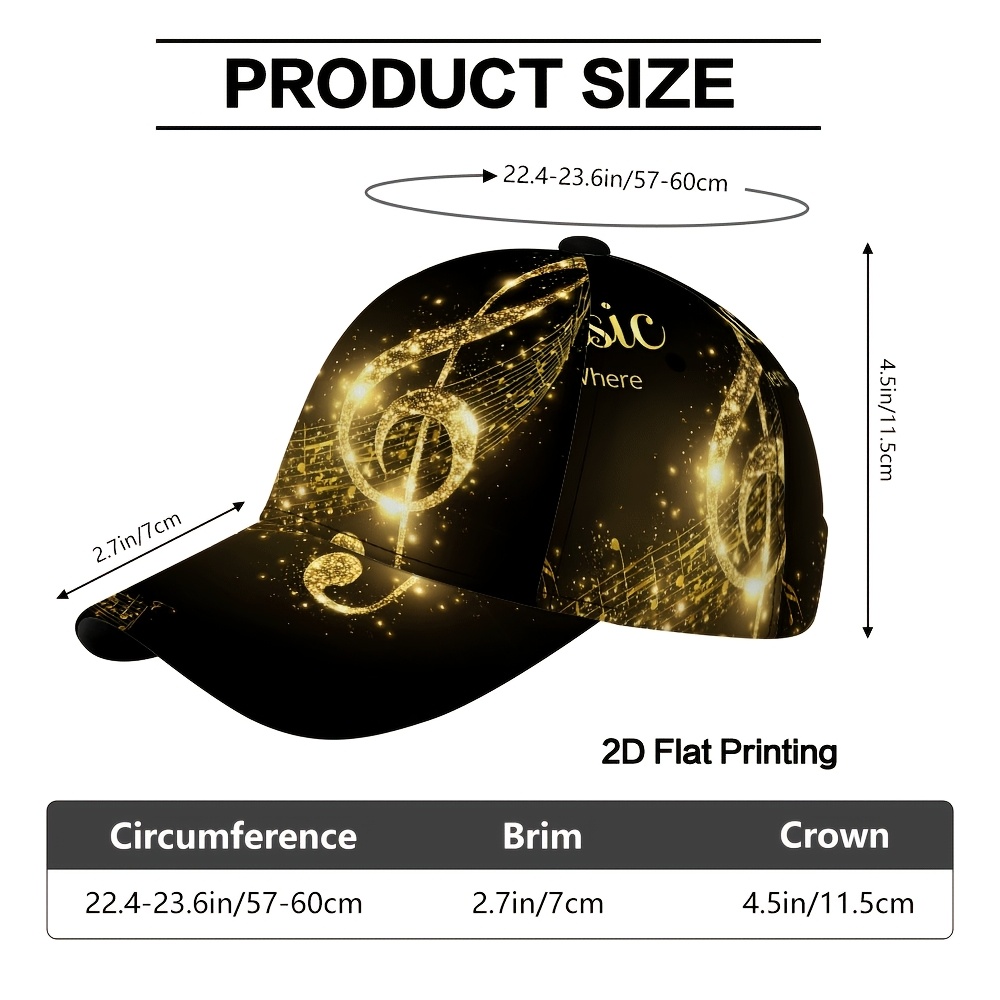 TEMU 1pc 2d Flat Golden Musical Notes Classic Baseball | Adjustable Casual Duckbill Hat, Lightweight And Comfortable, Ideal For Everyday Wear Easy To