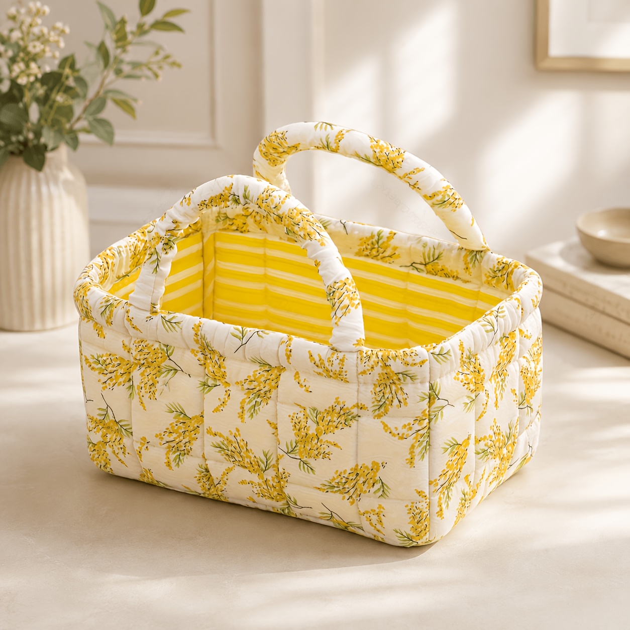 TEMU Panier de rangement en tissu floral avec poignée, organisateur matelassé, convient pour chambre à coucher, salle de bain, placard et étagère,
