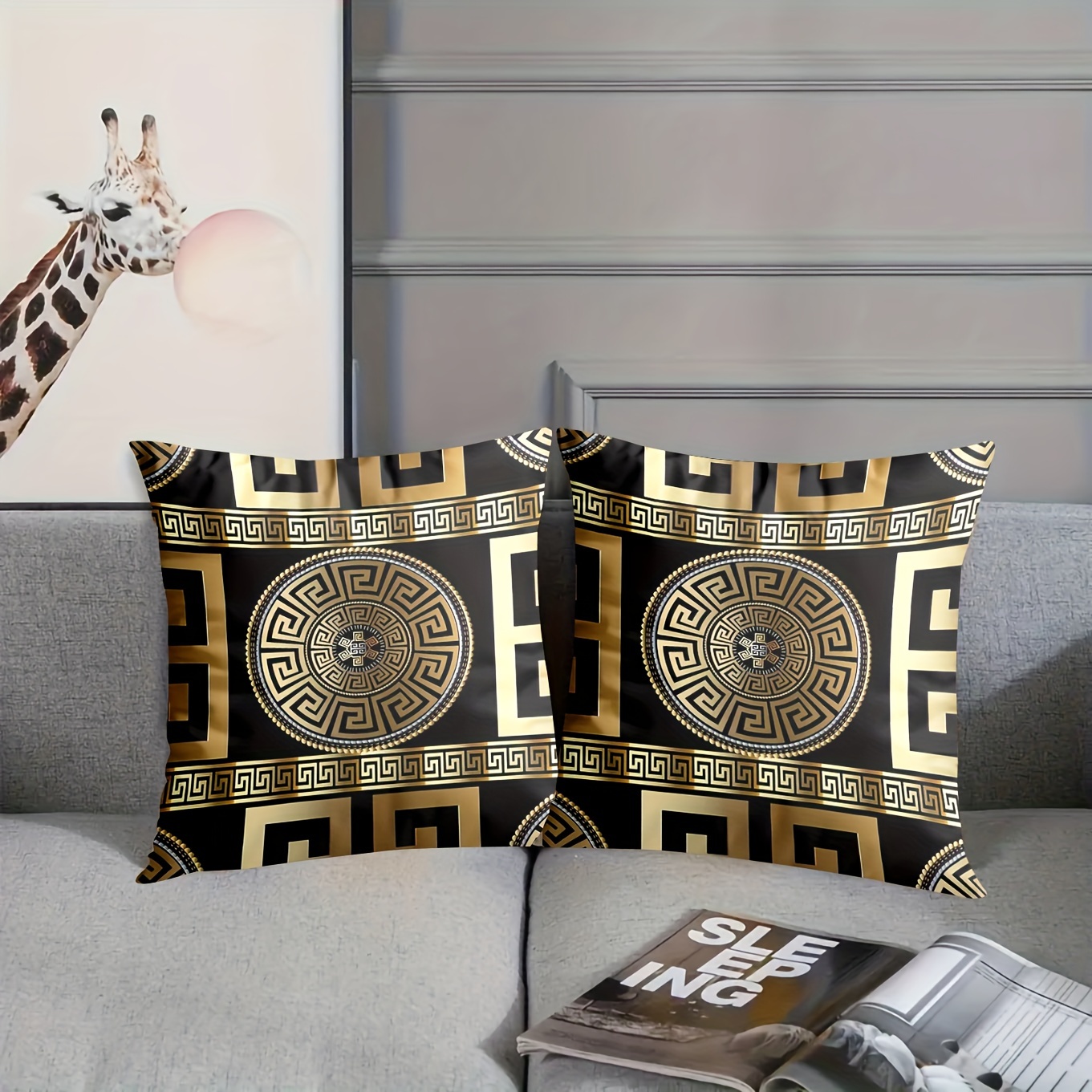 

Set Of 2 Contemporary Throw Pillow Covers, 18x18 Inch, Geometric Greek Key And Medallion Design, Polyester, Machine Washable, Zippered Decorative Cushion Cases For Living Room Sofa And Bedroom