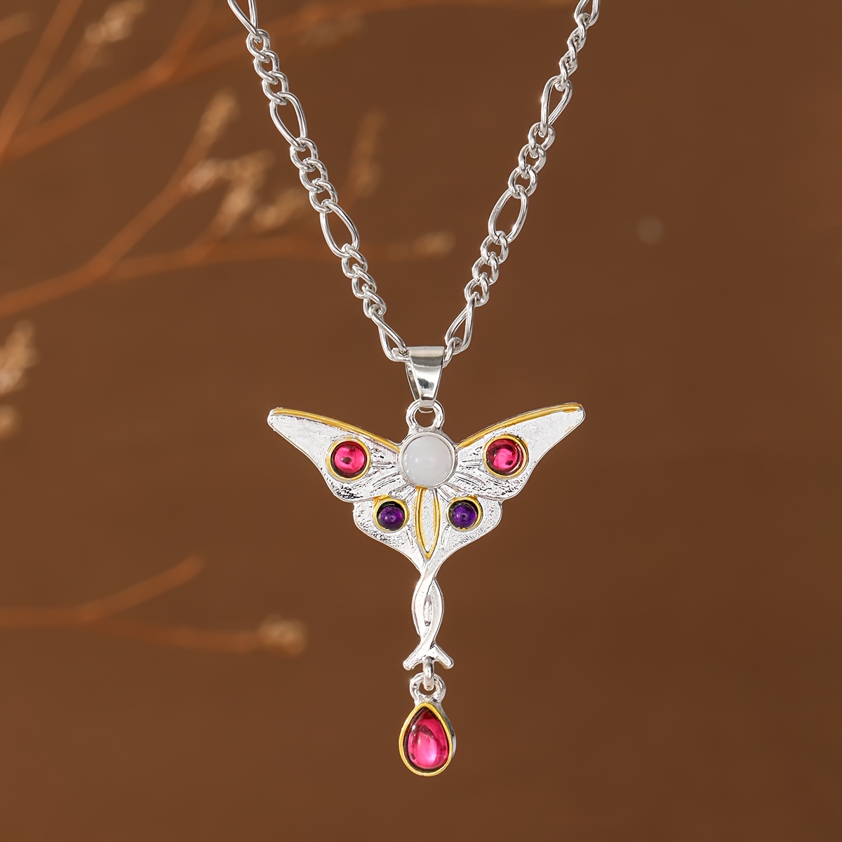 TEMU Dark Gothic Style Moth Pendant With Colorful Synthetic Synthetic Zirconia Teardrop For Women, Suitable For Parties, Gatherings, And Daily