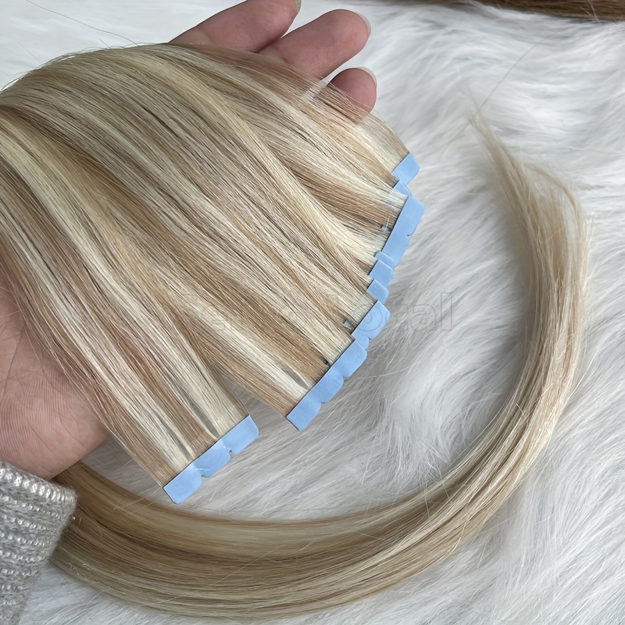 highlight blonde mini tape human hair extensions 12 20 inches long straight   tape in hair extension 10pcs pack details 2