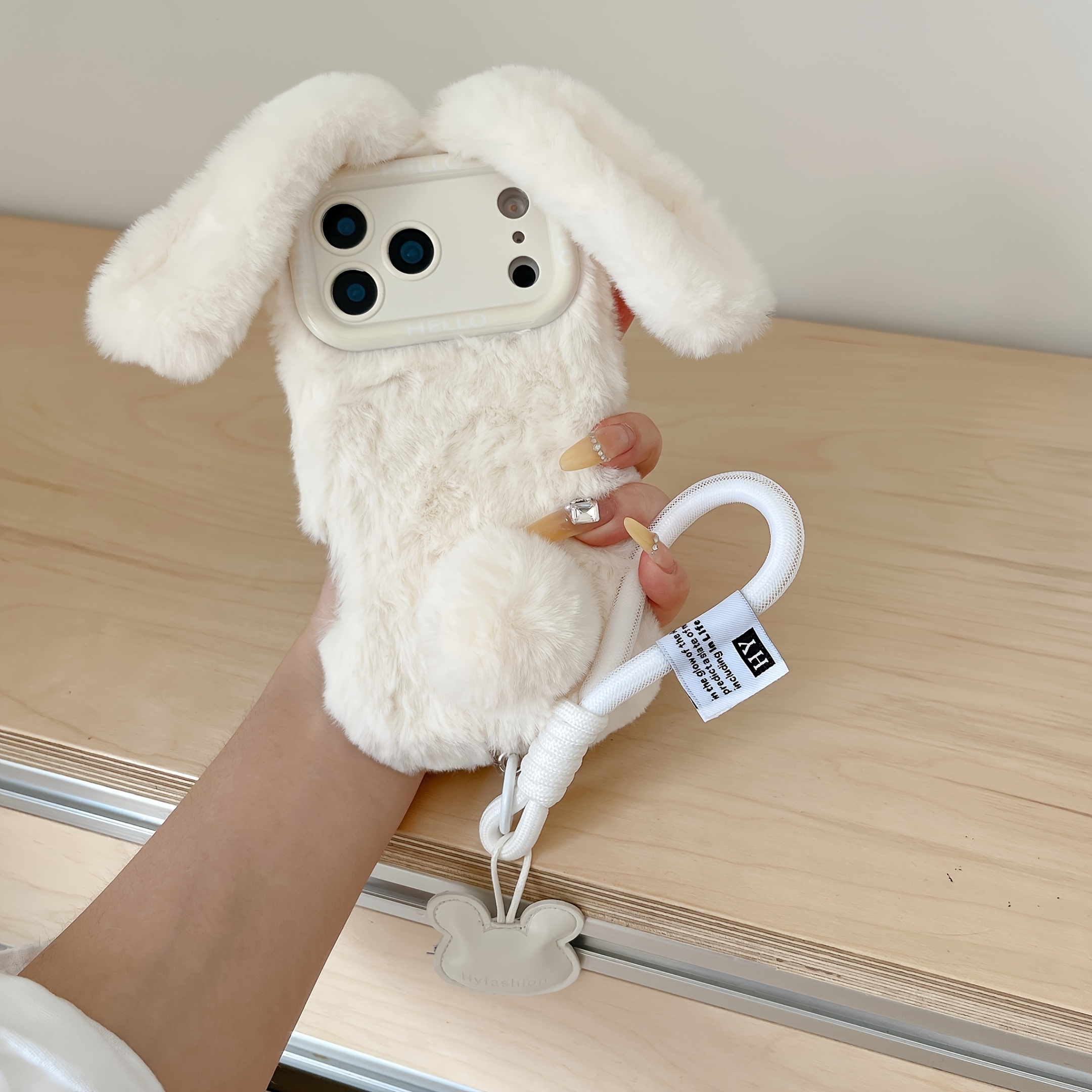 TEMU Phone Case: Autumn/winter Warm Plush Rabbit Cute Fine-hole Phone Case With Lanyard, Suitable For Iphone 16/15/14/13/12/11 Pro Max