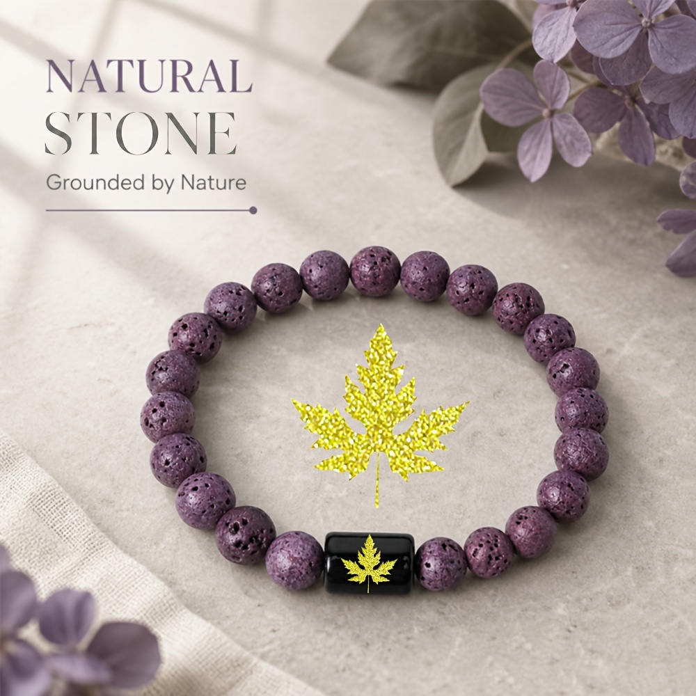 Natural Stone Beaded Bracelet with Golden Maple Leaf Accent
