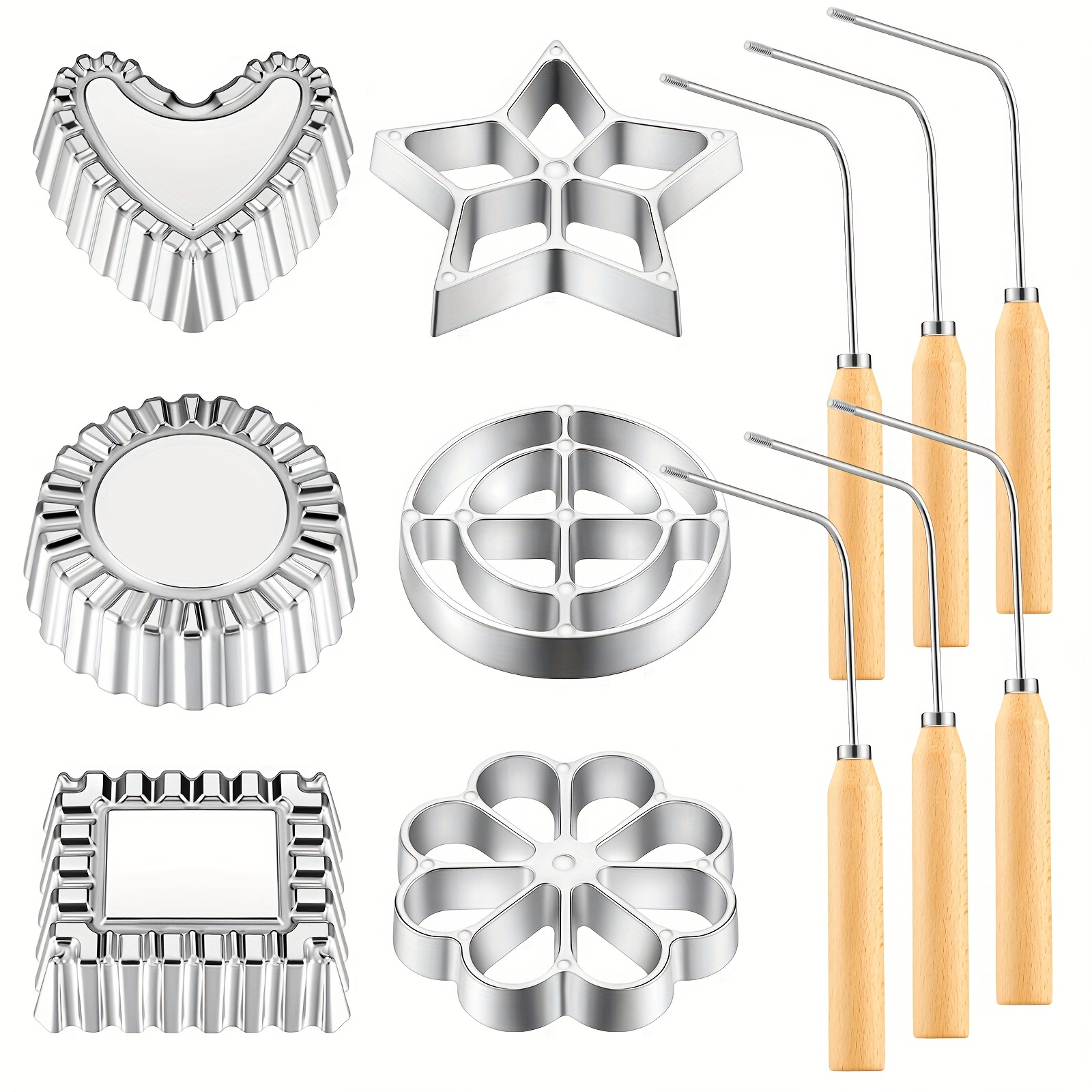 TEMU 12 Pieces Rosette Set Includes 6 Pcs Bunuelos Mold Aluminium Rosette Iron And 6 Pcs Wooden Handles Aluminum Waffle Mold Rosette Maker Cookie Bunuelos Tool For Kitchen Baking Cooking