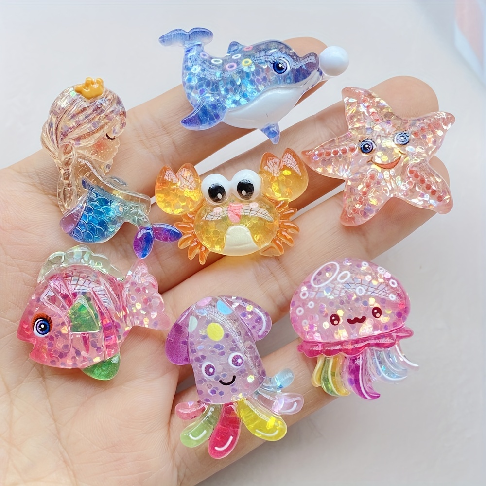 

7-piece Set - Polyresin Glittery Cute Sea With Mermaid, Dolphin, Crab, Jellyfish, Starfish - Flatback Charms For And Scrapbooking Crafts