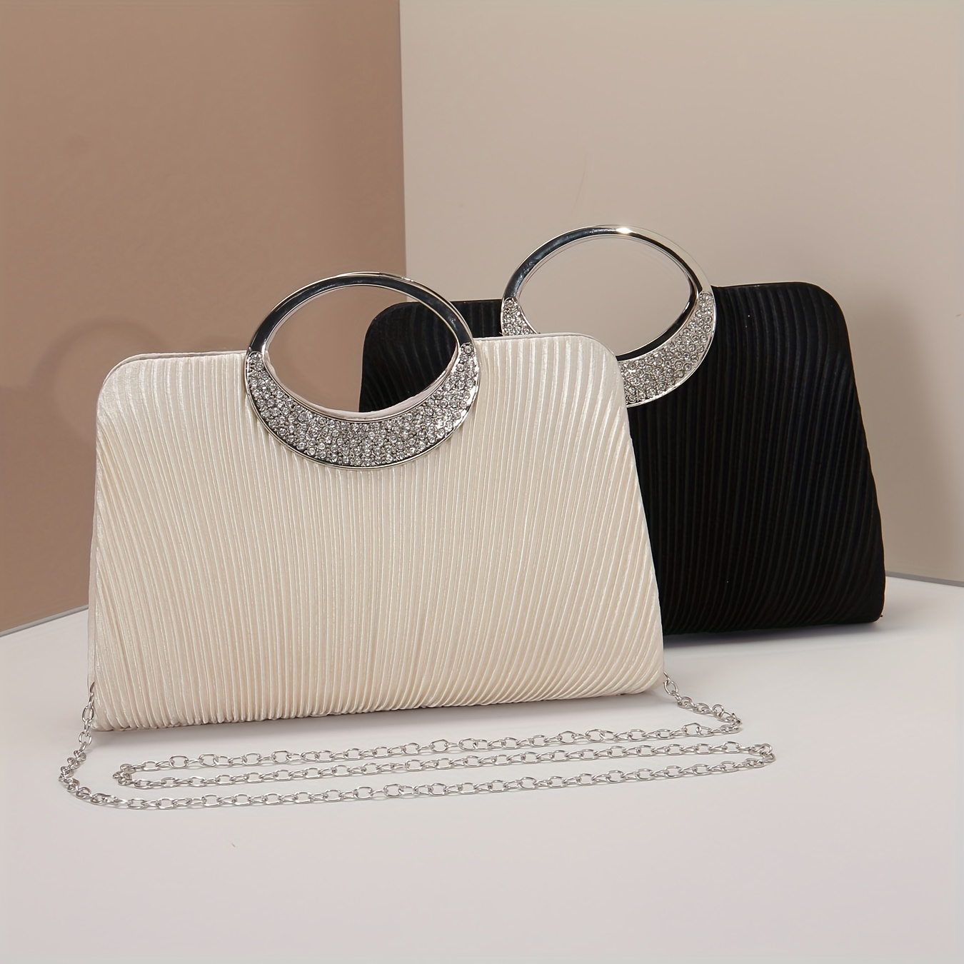 

Fashion Rhinestone Embellished Evening Clutch, Solid Color Pvc Material, Elegant Pleated Design, With Removable Strap, Magnetic Closure, And Chain Accessory, For Parties, Banquets, And Weddings