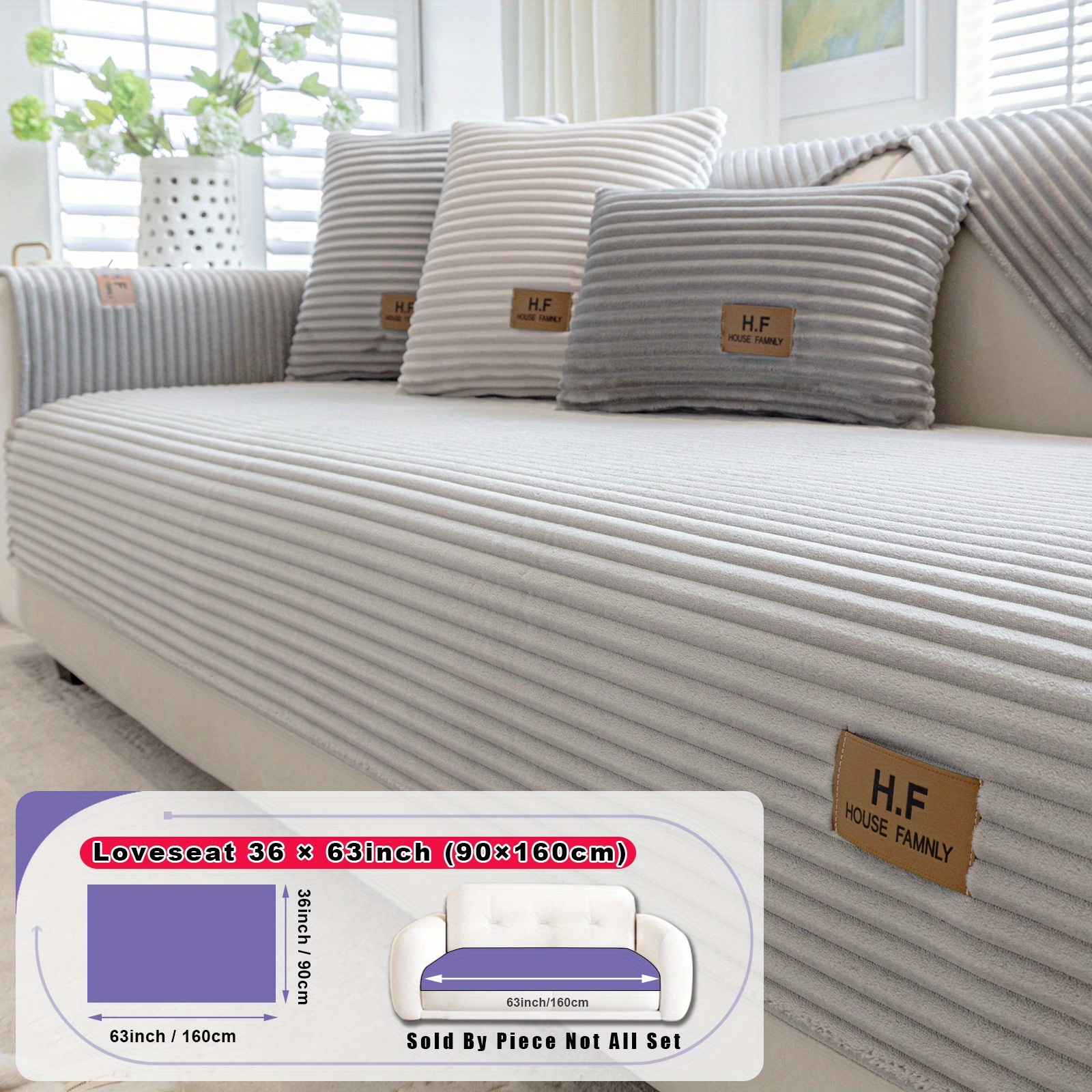 TEMU 1pc Hf Modern Plush Flannel Sofa Cushion Cover - Pet-friendly Non-slip Sofa Protector With Striped Design & Leather-like Patches, Machine