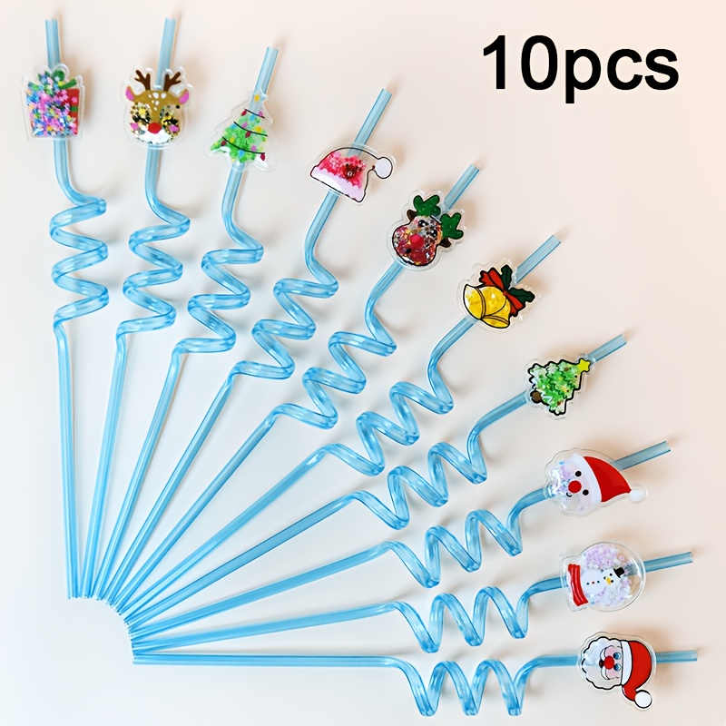 TEMU 10pcs Christmas-themed Straws, Reusable Plastic Straws Made Of Durable Pet Material, Festive Spiral Straws Featuring Christmas Tree, Snowman,