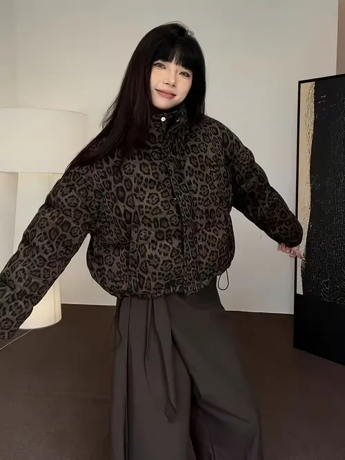 1pc 여성용 쉬크 프린트 패딩 자켓, 숏 길이, 긴팔, 짠 폴리에스터, 드로우스트링이 달린 스탠드 칼라, 비방수, 벨트 포함