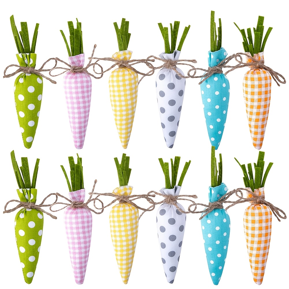 

12-pack Handcrafted Fabric Carrots - Assorted Patterns - Farmhouse Style Easter Decorations - No Electricity Required - Spring & Universal Holiday Decor