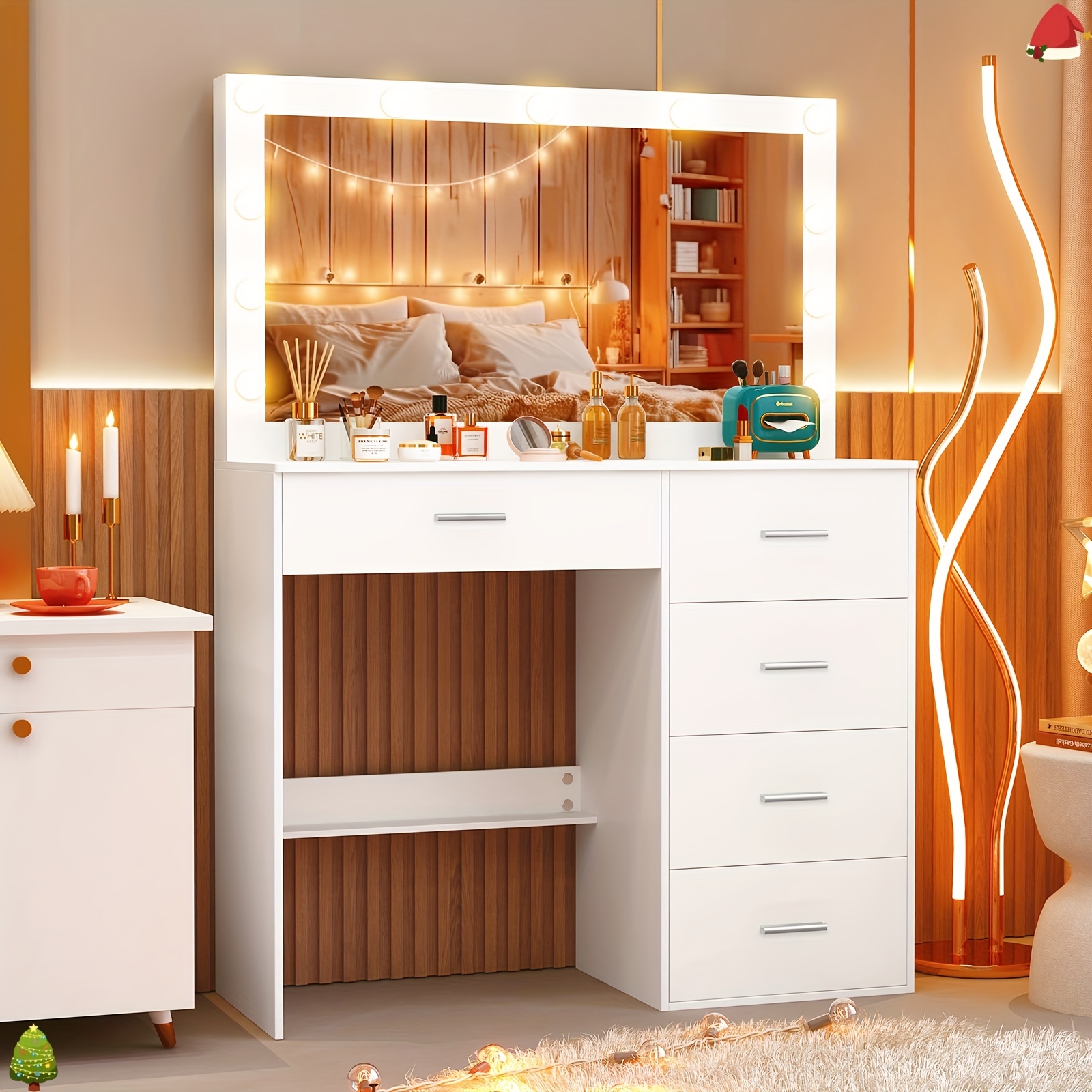 TEMU New Christmas Gift For Women: This Vanity Table With Led Lights In 3 Color , A Makeup Mirror With Adjustable Brightness, Multiple Drawers, Open