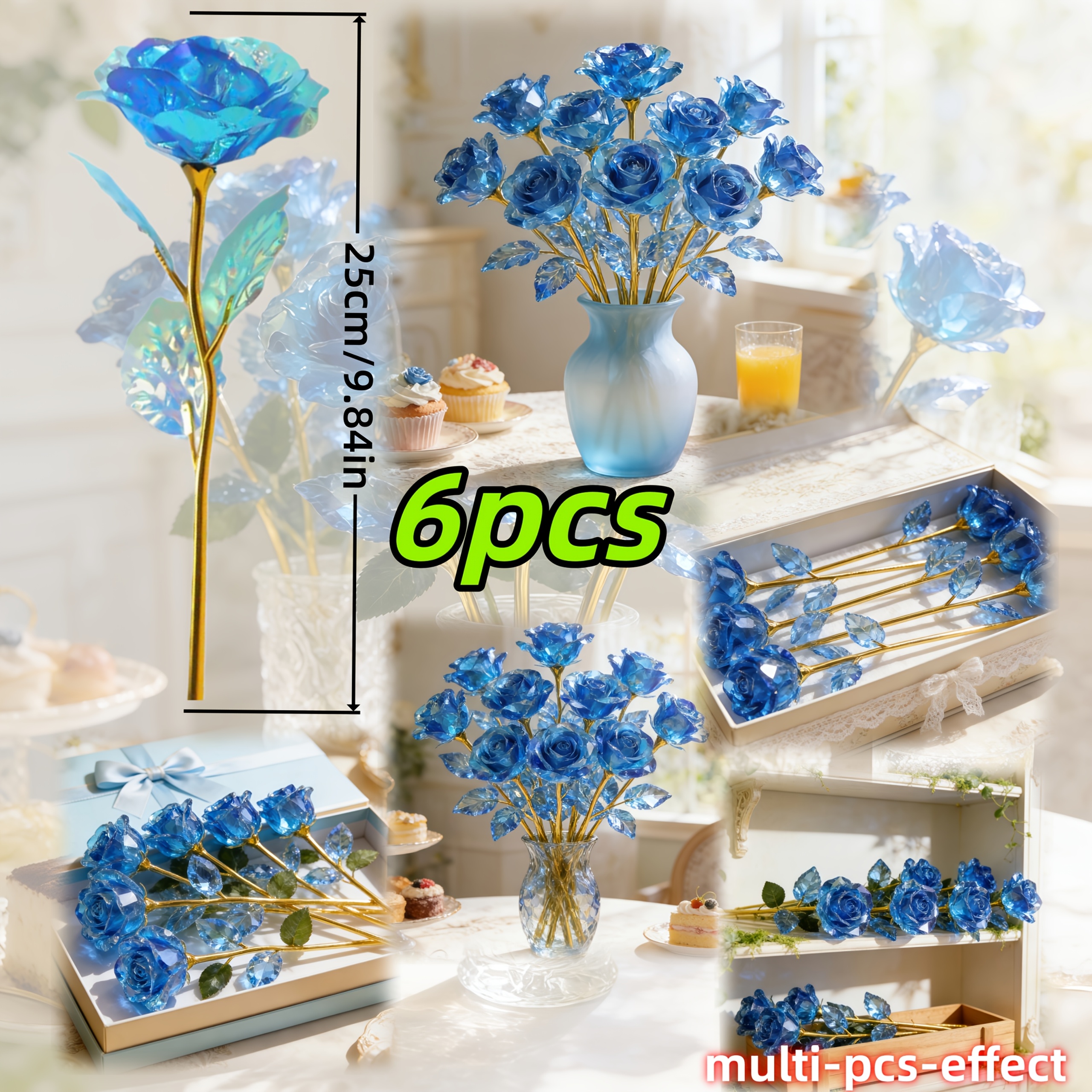 Image of 6pcs Blue Gold-foiled Rose Bouquet - Artificial Flower Bouquet, Realistic And Durable, Perfect For Indoor/outdoor Decor - Wedding Decor, Mother's Day Decor, Outdoor Decor, Craft - Room