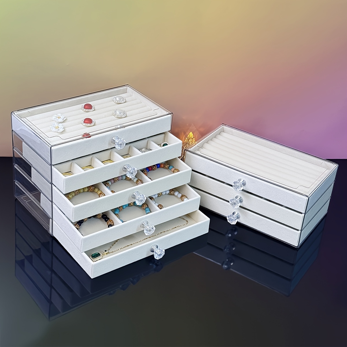 5 tier jewelry organizer box with transparent lids soft fabric lined compartments beige contemporary desktop storage for rings bracelets necklaces durable plastic multi use display case jewelry organizer storage polished   clear lid design jewelry boxes Product details 4