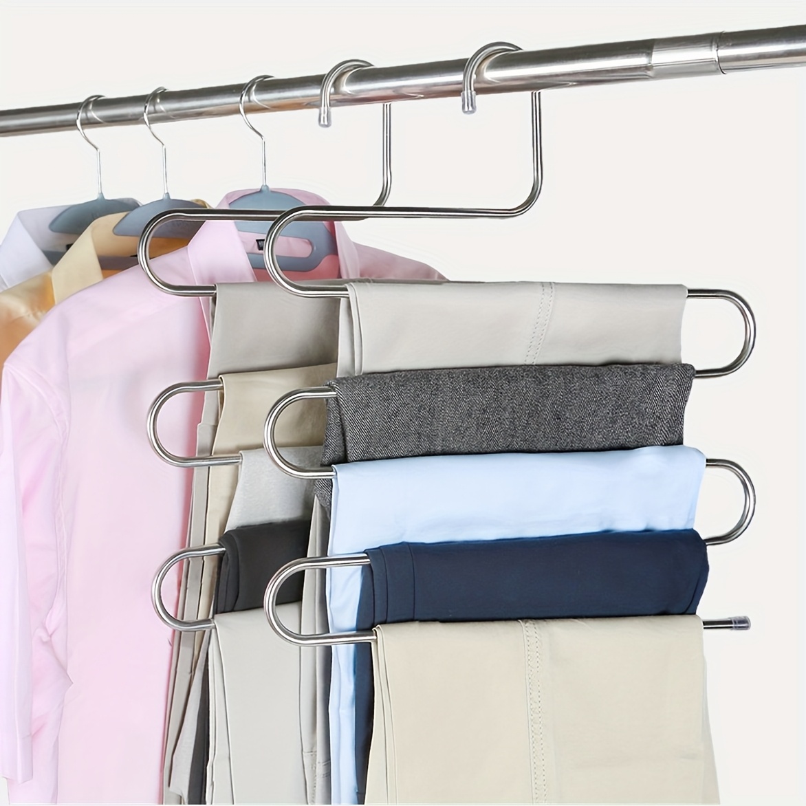 Image of 5-tier Stainless Steel Space- Closet Organizer- Non-slip No-mark Metal Pants Hanger For Jeans, Trousers& Skirts, Polished End Wardrobe Storage Solution, Clothes Organizer Storage, Sleek Hanger Design