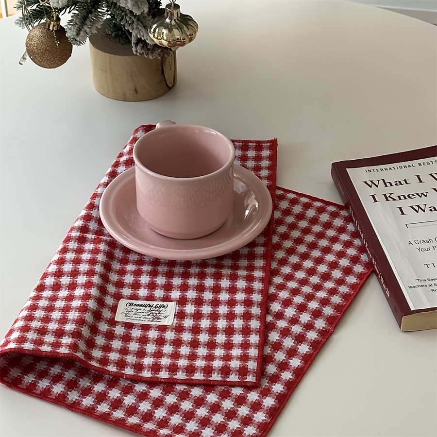 

1 Vintage Checkered Linen Placemat - Square, Hand-washable Table Mat With "" Embroidery, Ideal For Christmas Dining Decor & Cup Protection