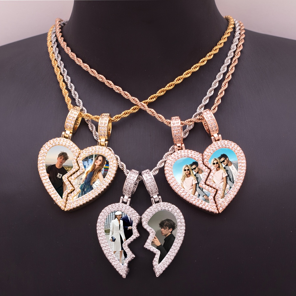 

Custom Hip-hop Jewelry, Fashion Heartbreaking Charm Photo Necklace, Memory Photo Frame Pendant With Synthetic Zirconia, Copper Material, Ideal For Valentine's Day, Mardi Gras,