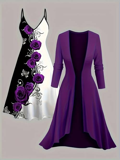 womens dress set with contrast and print dress and cardigan dress vacation casual rose valentines day dress set