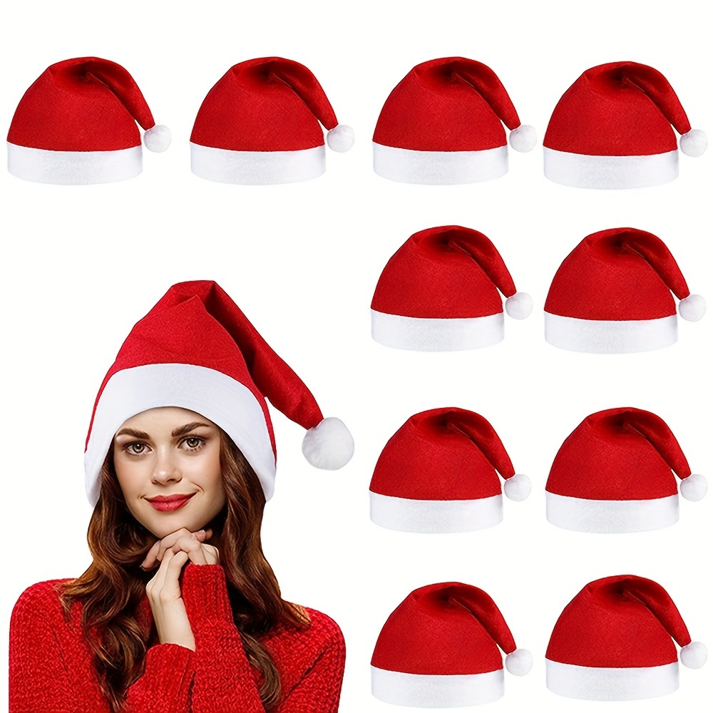 

10pcs Santa Hats For Adults - Christmas, New Year & Holiday Parties - Polyester, Disposable