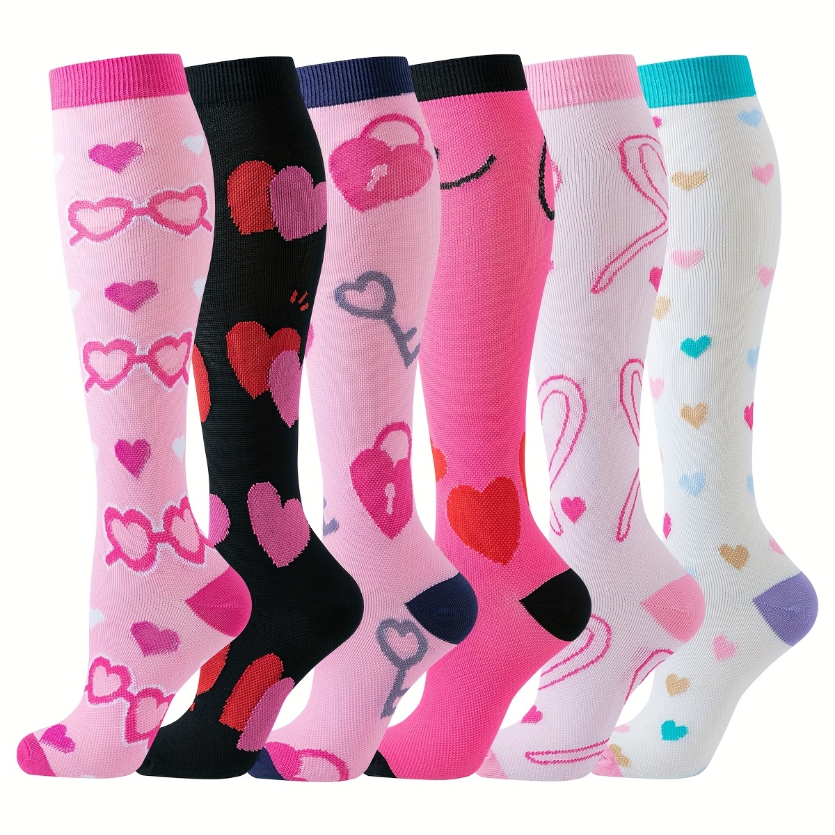 Image of 6 Pairs Of Valentine's Day And Mother's Day Love Compression Socks Sports Socks For Men And Women Knee High Compression Socks
