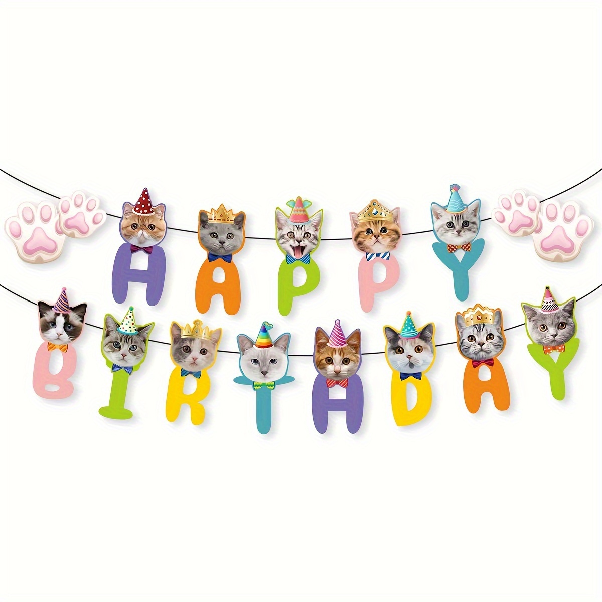 Image of A Set Of Happy Birthday Cat Birthday Banners, Pet Birthday Cake Decorations, Pet Birthday Party Decorations, And Pet Birthday Physical Decorations.