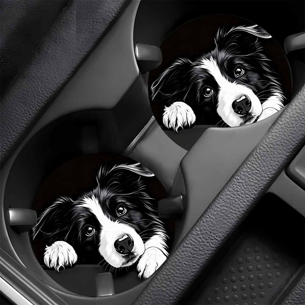 TEMU 2pcs Black And White Border Collie Puppy Lying Down Themed Printed Car Coasters - Non-slip And Durable, With Patterns, Car Interior Accessories