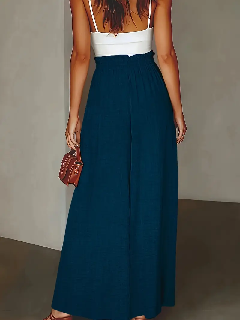 womens elegant high waist wide leg pants solid color polyester loose fit with drawstring detail fashion stylish wide leg pant details 1