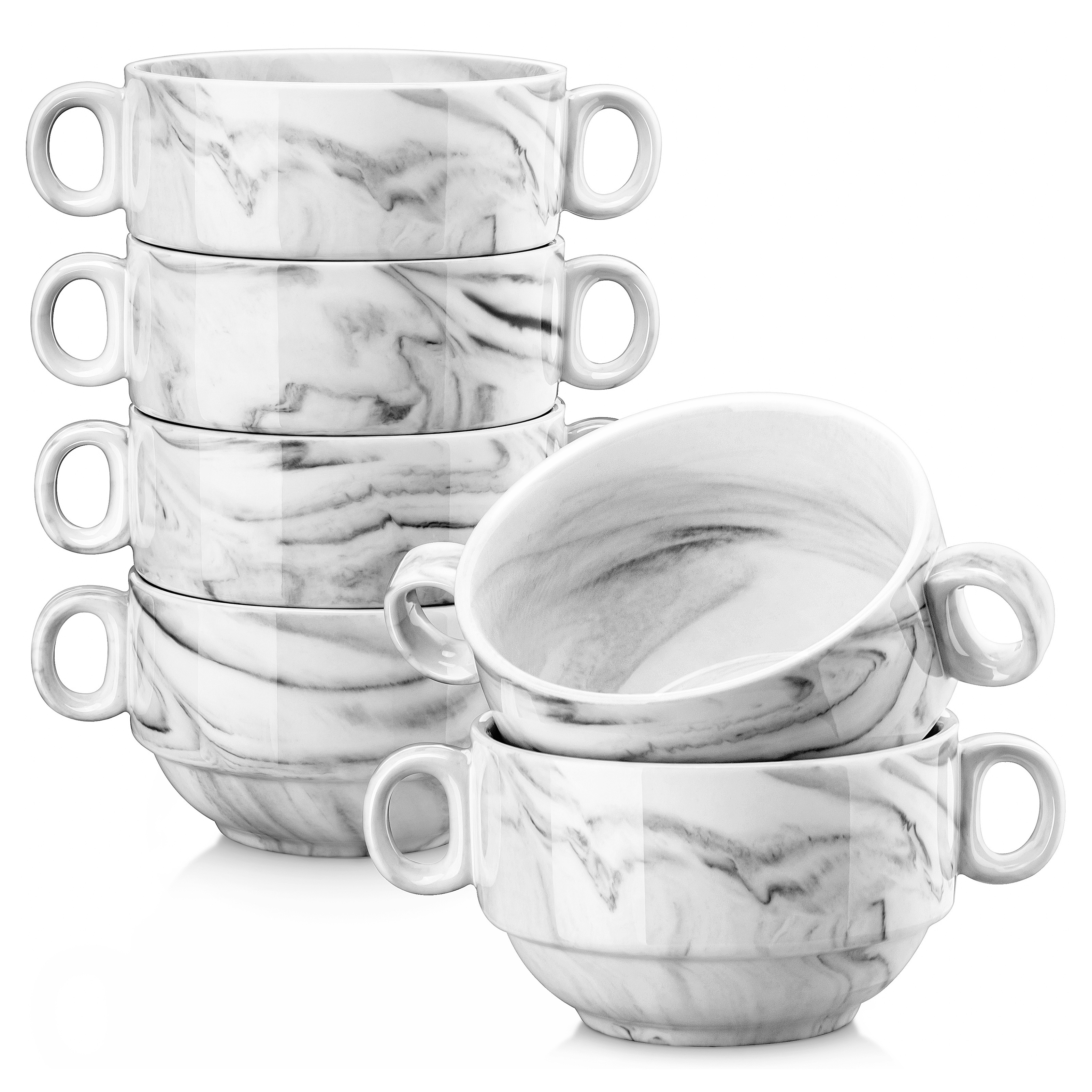 TEMU 6-piece Marble Grey Porcelain Bowls Set With Handles, 390ml Cereal Bowls, Soup Bowls, Pasta Bowls, Dessert Bowls For Breakfas