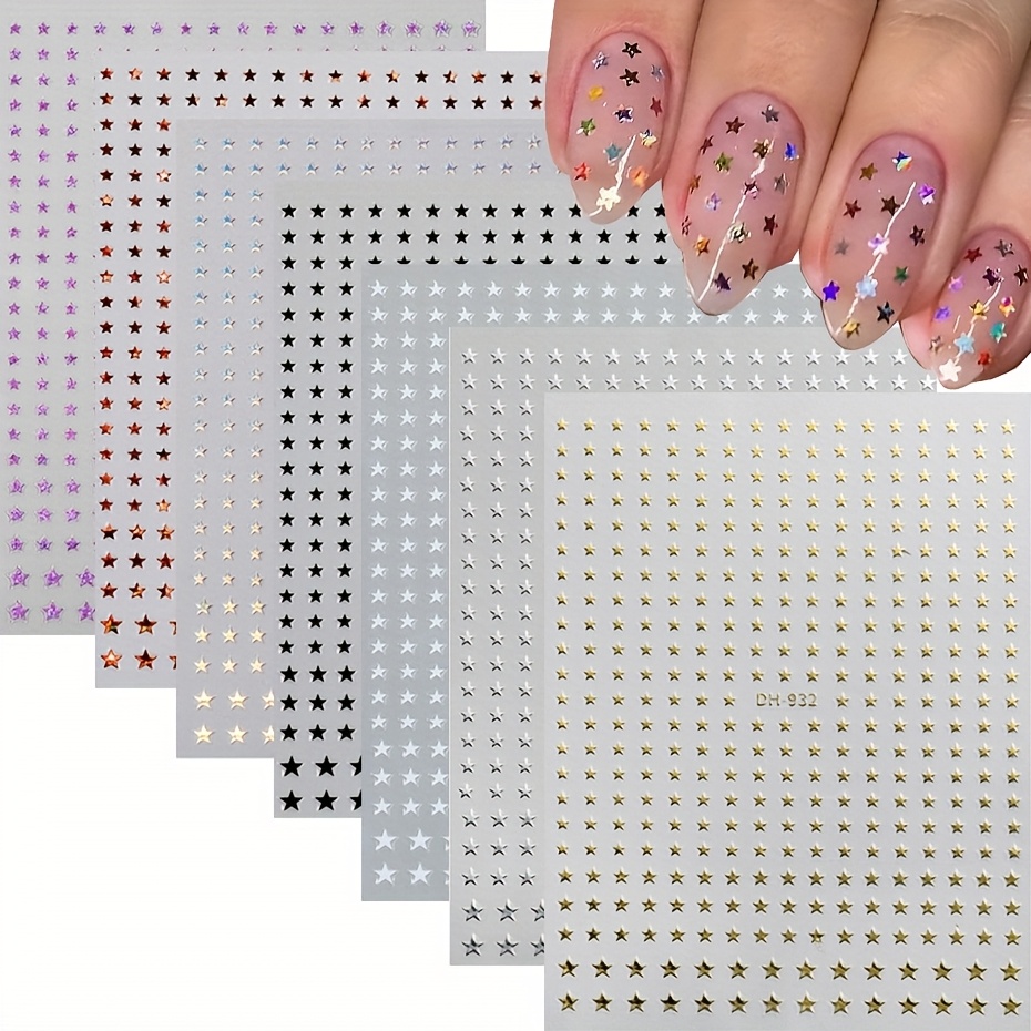 Y2k Nail Art Stickers Featuring 3d Laser Golden Stars, Holographic Mini Pentagrams, And Adhesive Sliders. Supplies A Stylish Mix Of Shiny Golden, Silvery, White, And Black Star Patterns