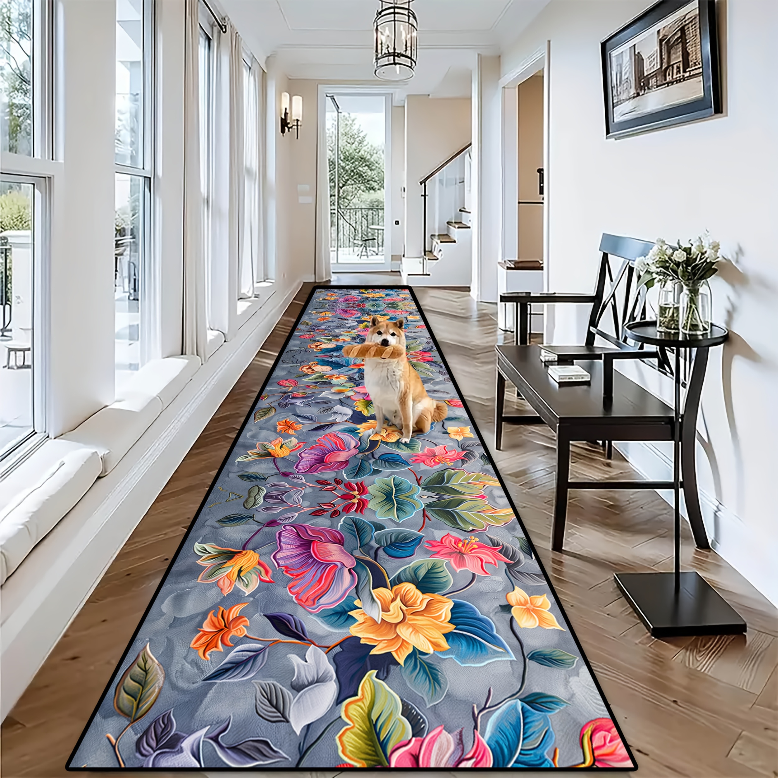 TEMU Sea Freight Golden Diamond Velvet 1pc, Colorful Floral Pattern Welcome Runner Rug, Gorgeous, Stylish, And Comfortable Banquet Hall Rectangular