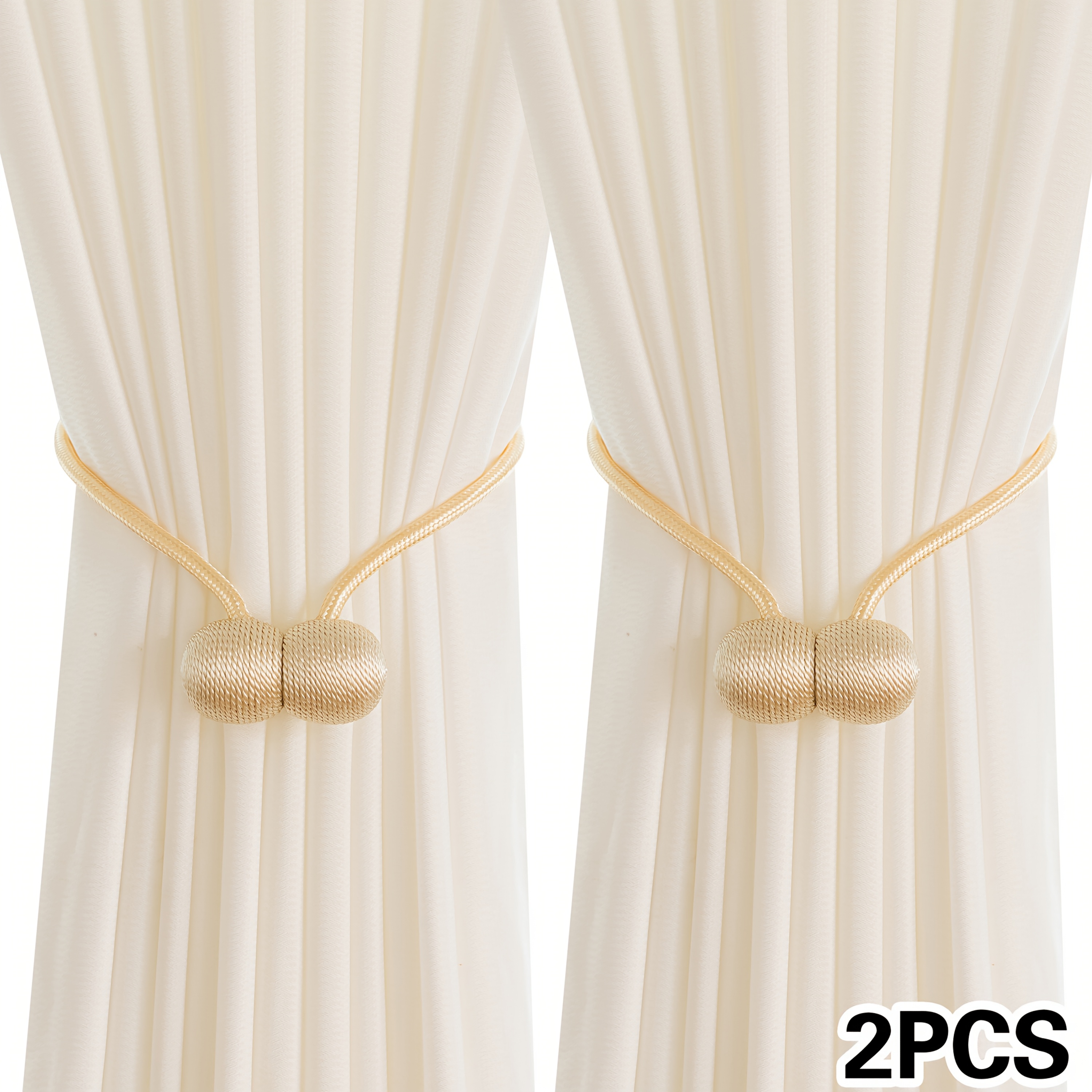 A Set of Two Modern Minimalist Magnetic Curtain Ties Is on, Featuring Thicker Twisted Ropes And Flexible Magnetic Ties. They Are Durable, Easy to Install, And Do Not Require Drilling, Making Them Perfect for Bedroom And Living Room Decor