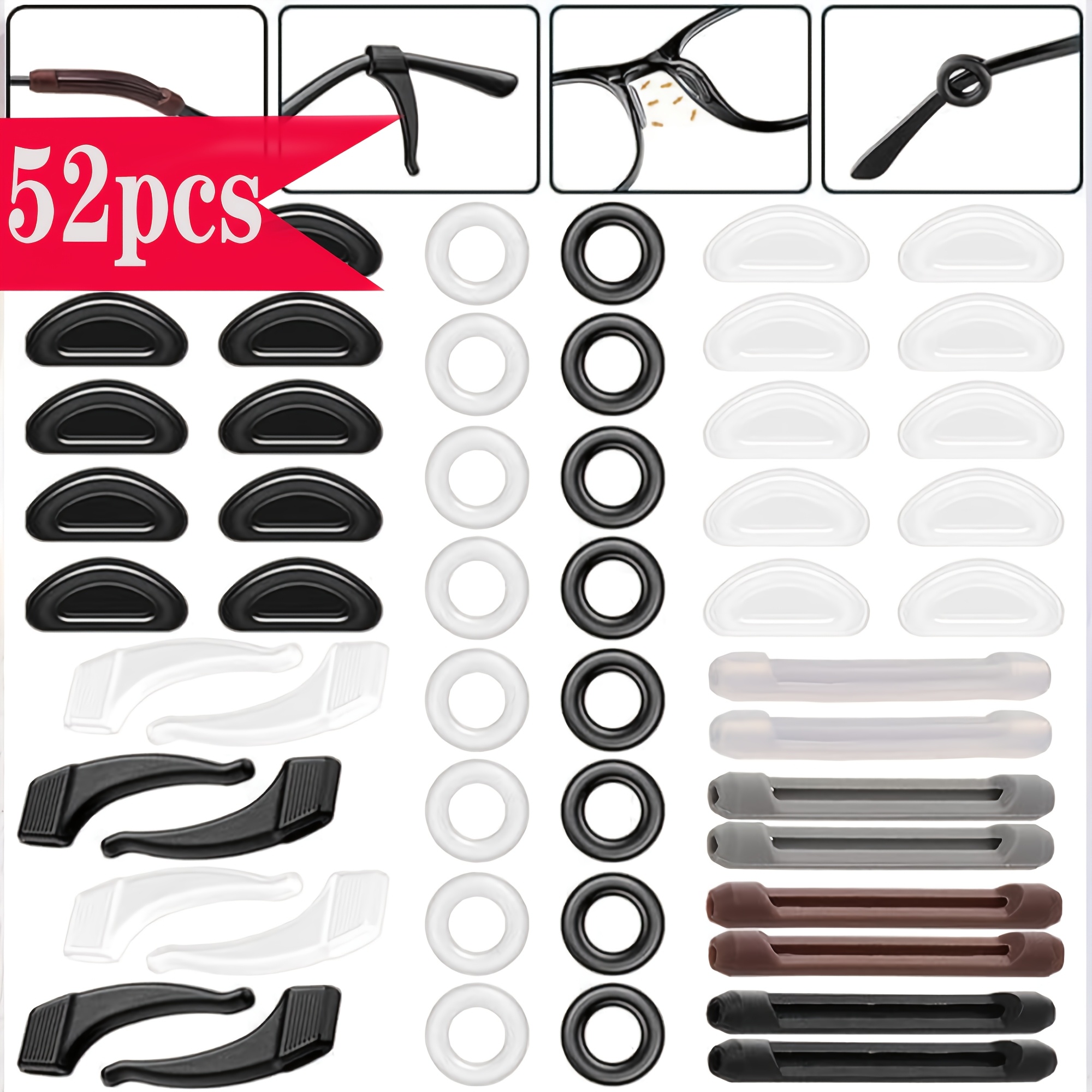 TEMU 52pcs Crochets d'oreille antidérapants pour lunettes, coussinets de nez en silicone, ajouts pour lunettes, anneaux antidérapants, multiples pour