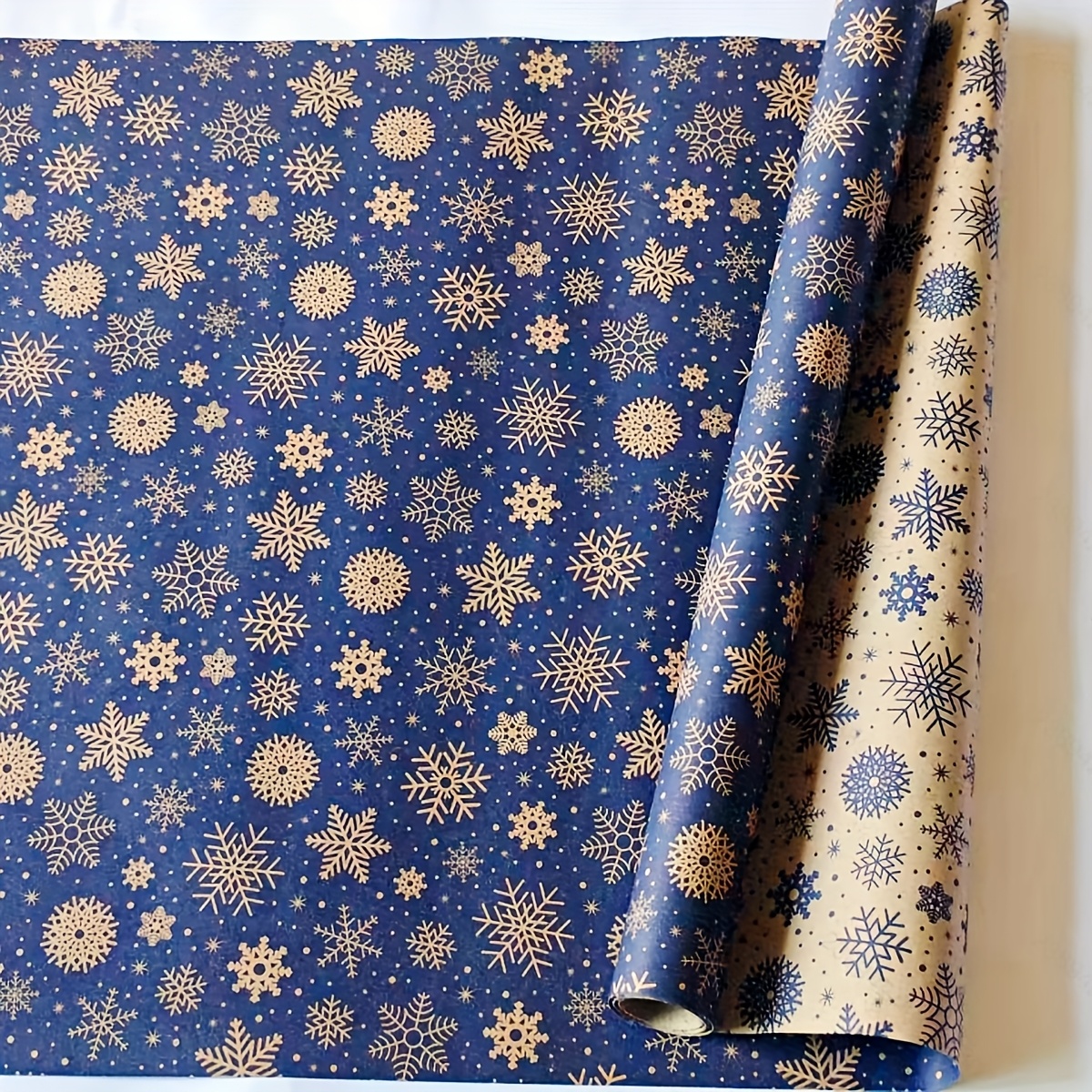 Image of Double-sided Snowflake Pattern Christmas Wrapping Paper, 43x300cm/16.92x118.11in Navy And Khaki Color, Ideal For Holiday Gift Wrapping And Christmas Decorations
