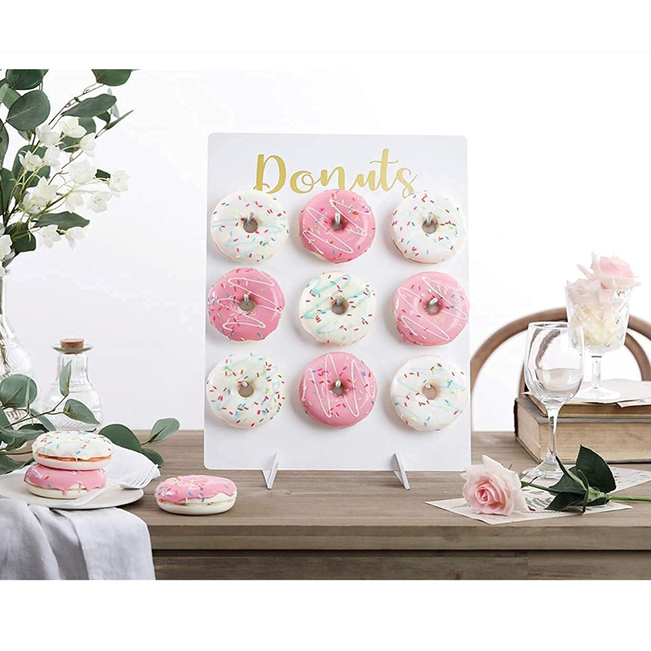 

Wooden Donut Display Stand With 9 Pegs - Rustic Reusable Donut Board Holder For Parties, Weddings, Baby Showers, Bridal Showers - Food Contact Safe Bakeware