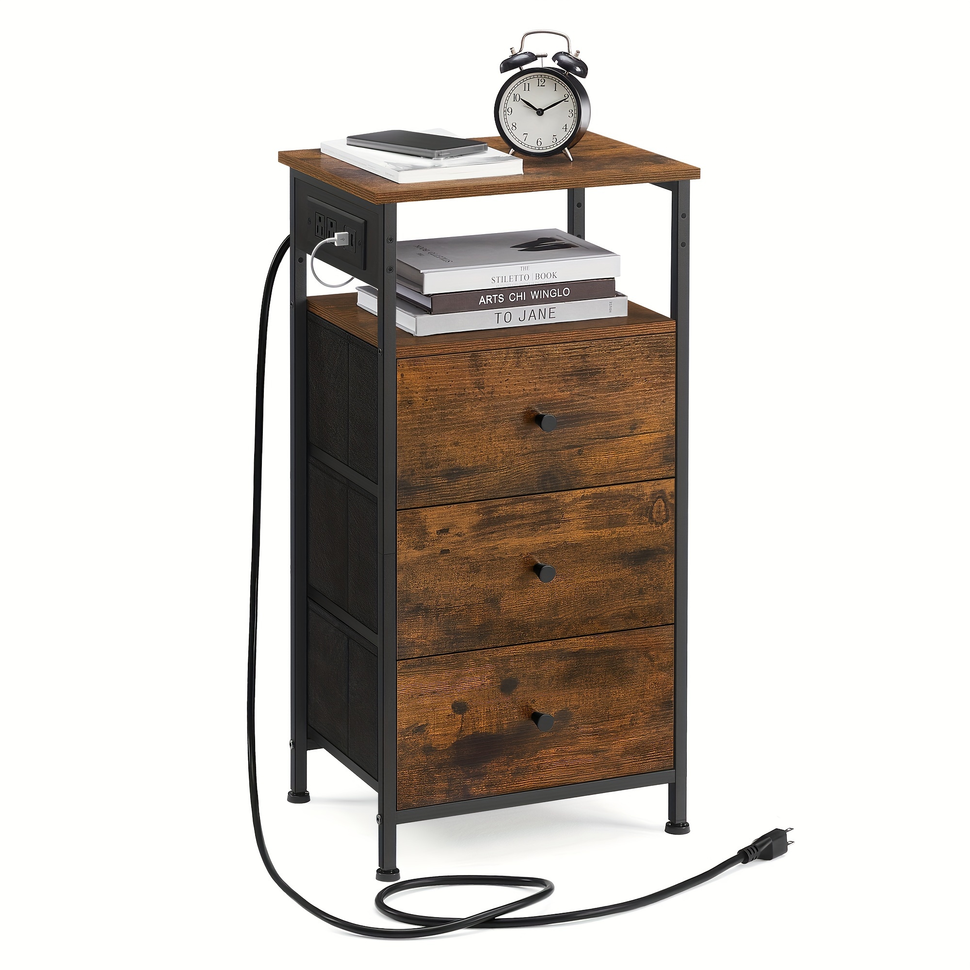 

Vasagle Nightstand With Charging Station, Night Stand, Side Table With 3 Drawers And 1 Open Shelf, Fabric Drawers With Mdf Front, End Table, Rustic Brown And Classic Black